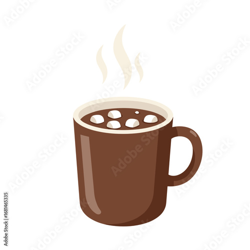 Hot chocolate mug with marshmallows and steam rising  