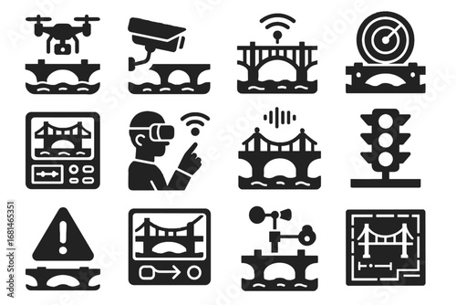 Alert assistant drone control monitoring panel vector icons icon map blueprint bridge