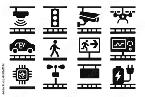 Panel indicator lane smart path vector exit ev icon traffic bridge ai