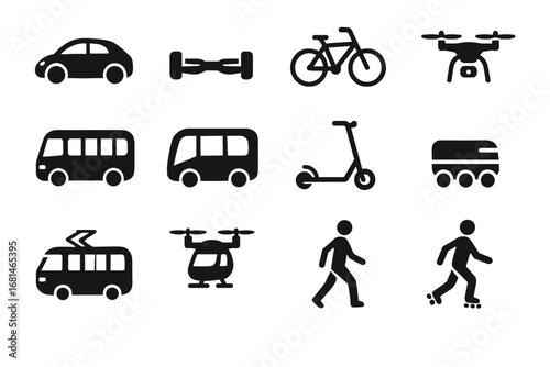 Icons pedestrian ev vector scooter rollerblader robot bus transport futuristic icon hoverboard