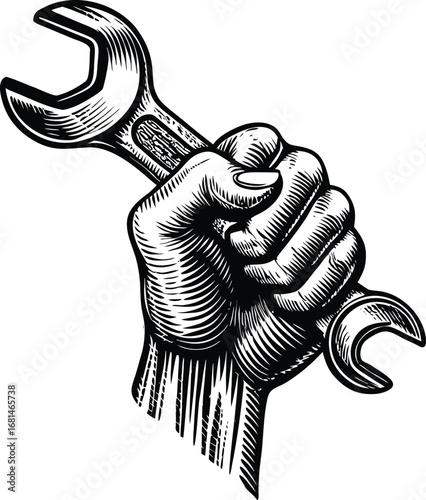 Strong hand gripping a wrench symbolizing mechanical work and industrial labor