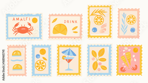 Set of italian summer mediterranean postage stamps. Vacation in Italy. Amalfi. Vector trendy illustration.