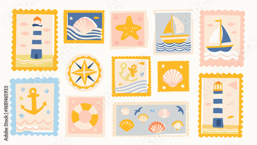 Set of italian summer mediterranean postage stamps. Vacation in Italy. Amalfi. Vector trendy illustration.