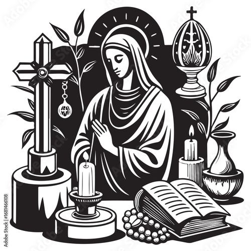 Religious still life featuring the virgin mary with a cross candles an open bible and rosary beads in a sacred atmosphere