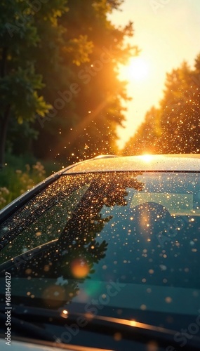 Close-up of a car windshield shimmering with heat haze on a sunny summer day The glass reflects the intense sunlight and shows distorted images of the surrounding landscape , season, journey