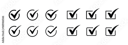 Black Check Mark Icons Set in in Square and Circle Shapes on transparent background