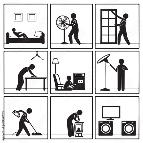 Set of nine silhouette illustrations depicting various household chores and activities performed by people in a clean and organized home environment