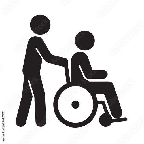 Person assisting a disabled individual in a wheelchair isolated on white background