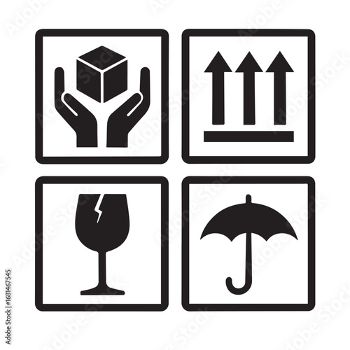 Packaging symbols indicating handling instructions for shipping fragile items isolated on white background