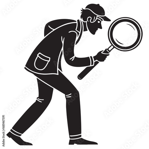 Silhouette of a detective in a trench coat and fedora hat examining evidence with a magnifying glass