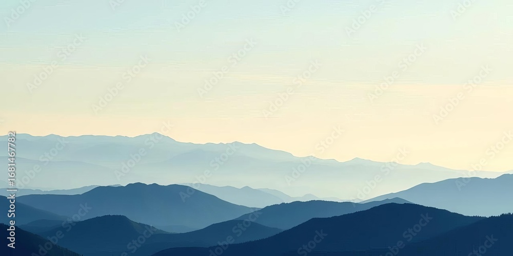 Obraz premium Misty blue and green mountain silhouettes against a clear sky in a panoramic vector landscape, serenity, mist