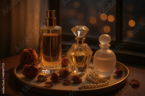 Elegant Perfume Bottles with Roses and Pearls