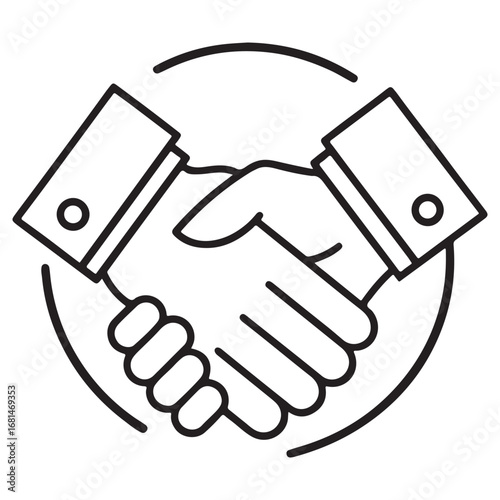 Simple line art icon of two hands shaking firmly inside a circle representing agreement and partnership