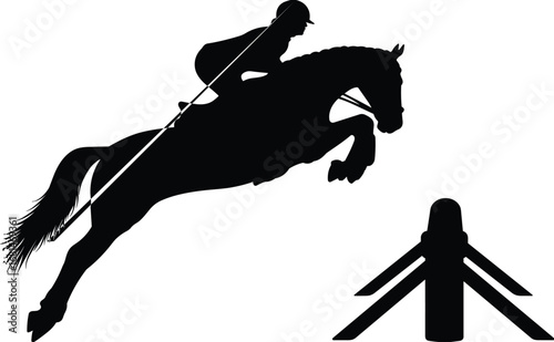 Horse rider jumping obstacle silhouette, equestrian sports action, horse riding competition, show jumping performance, black and white illustration design
