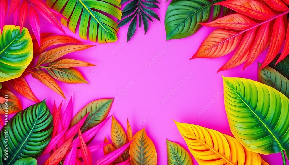 Fototapeta premium Vibrant neon tropical leaves flat lay, fluorescent colors, fluorescent, colorful