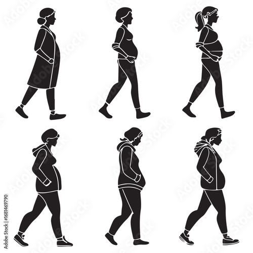 Six silhouettes of pregnant women in profile showing different stages of pregnancy and attire