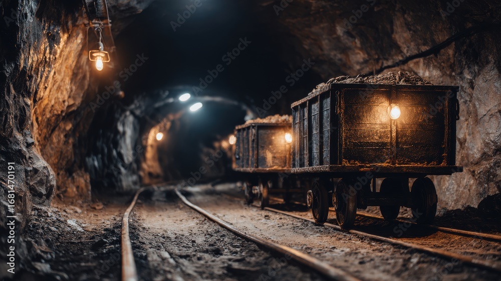 Naklejka premium Mine Carts on Rails in Underground Tunnel