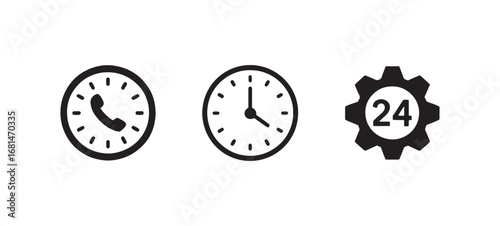 Icons representing 24-hour services including clocks, support tools Vector Set