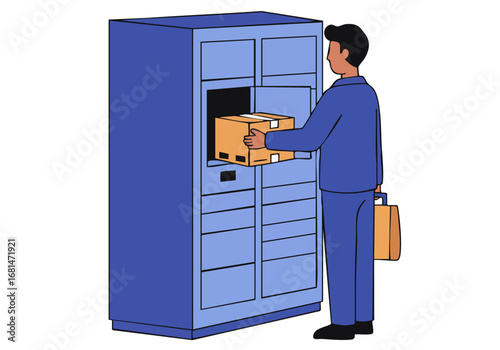 A man retrieves a box from a modern depot locker. Clean design, bright colors, and a professional setting. Ideal for logistics and delivery concepts.