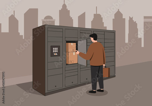 A man retrieves boxes from a modern city lock and parcel unit. The urban backdrop highlights convenience and secure delivery. Clean, graphic style.