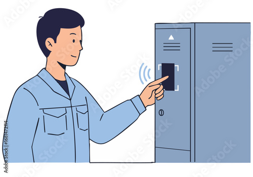 A man uses a fingerprint scanner to unlock a locker. Clean, modern illustration. Focus on security and access control. Suitable for tech, business, and digital concepts.