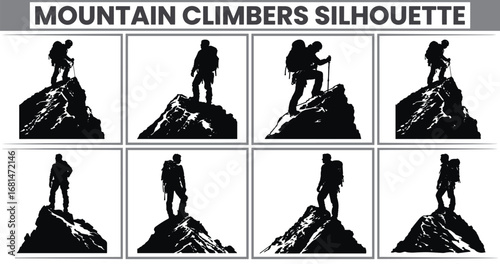 Mountain climbers silhouette on rocky peak, hiking adventure, trekking outdoors, extreme sports, climbing mountain, wilderness exploration scene