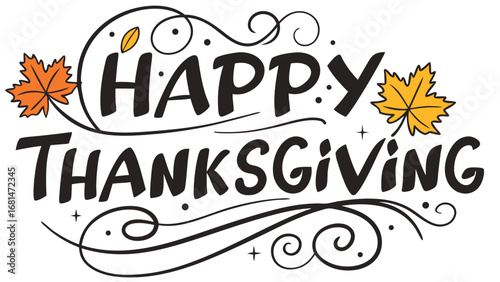 Vector art of happy thanksgiving with autumn leaves and decorative swirls