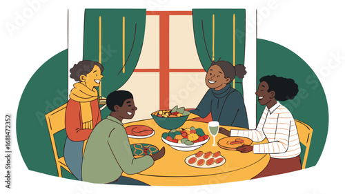 Vector art of a thanksgiving dinner with family and friends gathered around a table