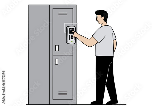 A young man uses fingerprint scanner to unlock a locker. Modern, clean design. Focus on security and access control. Suitable for tech, business, and lifestyle themes.