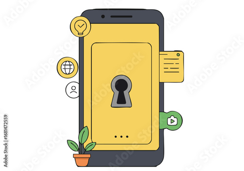 Modern smartphone UI flow illustration stylized phone displays a lock icon surrounded by icons representing features and data Clean bright design Ideal for tech digital and app concepts