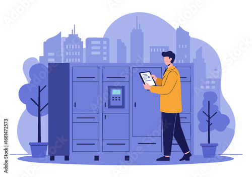 A professional man examines a server rack in a city backdrop. He holds a tablet, suggesting data analysis and IT management. Modern, clean, and business-oriented.