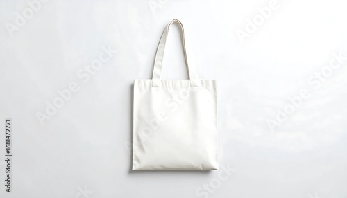 A simple plain white tote bag laying flat against a bright white background