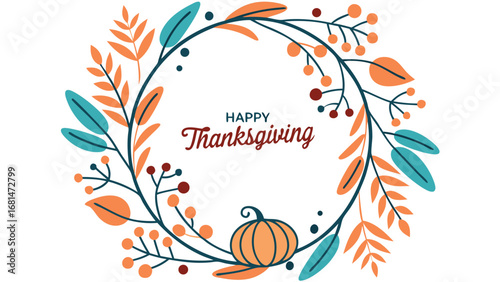 Vector art of happy thanksgiving wreath with pumpkin and colorful leaves for greeting card
