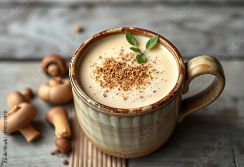 Creamy vegan mushroom latte with shiitake powder, in a rustic mug,   superfood,   drink