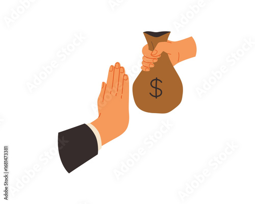 Businessman's hand gesture refusing a money bag, symbolizing the rejection of bribery and corruption. Concept of integrity and ethical principles in business
