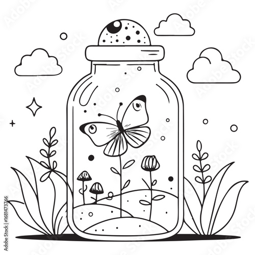 Whimsical line art illustration of a butterfly trapped inside a glass jar surrounded by magical plants and starry night sky elements