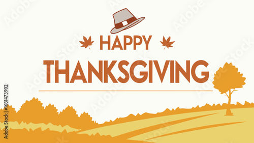 Vector art of happy thanksgiving greeting card with pilgrim hat, tree, and autumn landscape