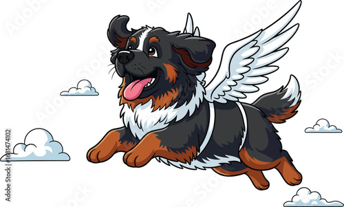 Cute Dog Cartoon Character with Angel Wings Flying in the Sky