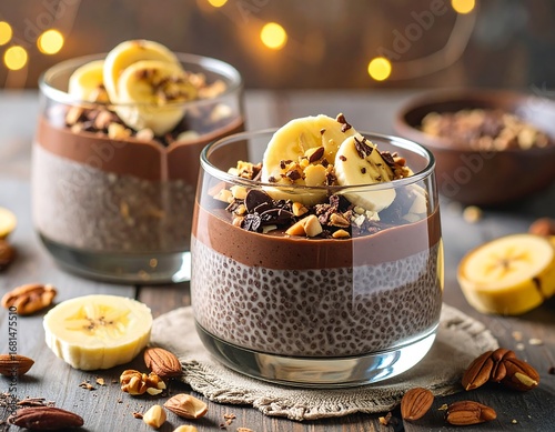 Delicious chocolate chia seed pudding topped with banana slices and chopped nuts.