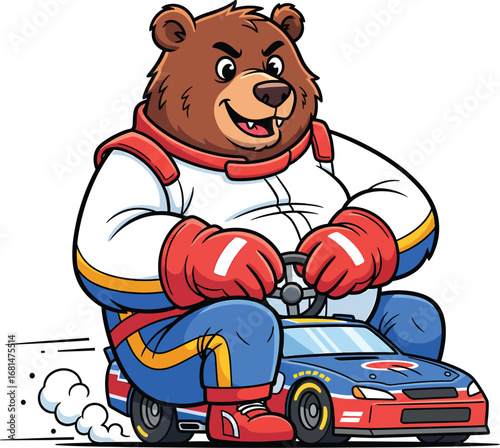 Funny Cartoon Bear Driving an Oversized Race Car Animal Mascot Illustration