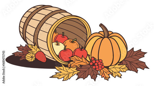 Vector art of a bountiful autumn harvest scene with apples, pumpkin, and leaves