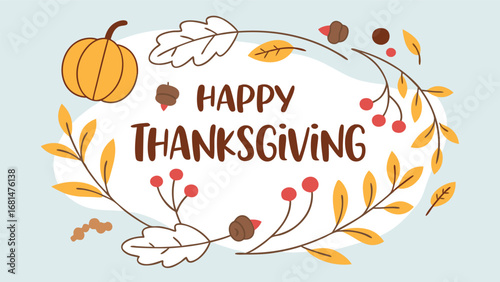 Vector art of a cheerful thanksgiving illustration with pumpkins, leaves, and berries