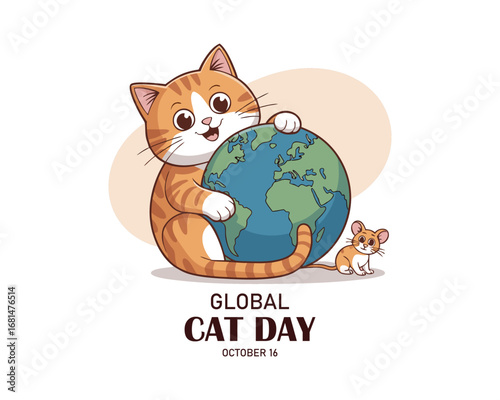 Global cat day illustration with cute cat on globe for pet lovers and cat owners.