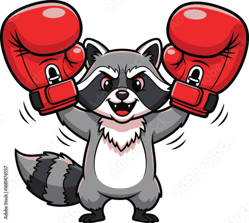Cute Cartoon Raccoon Wearing Boxing Gloves Funny Animal Mascot Illustration