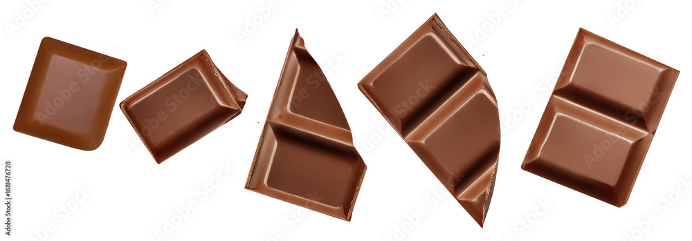 Naklejka premium Broken chocolate bar pieces isolated on white. Chocolate Top view. Flat lay. Pattern&nbsp;