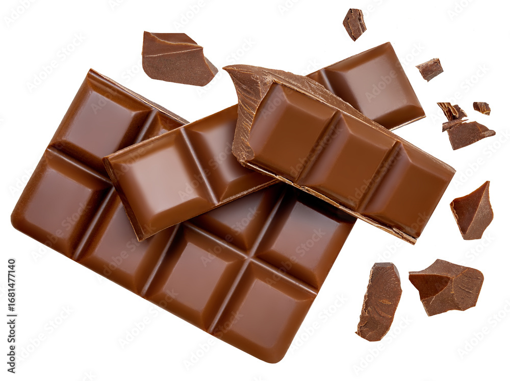 Fototapeta premium Broken chocolate bar pieces isolated on white. Chocolate Explosion with scattered cocoa crumbs .Top view. Flat lay. Pattern&nbsp;