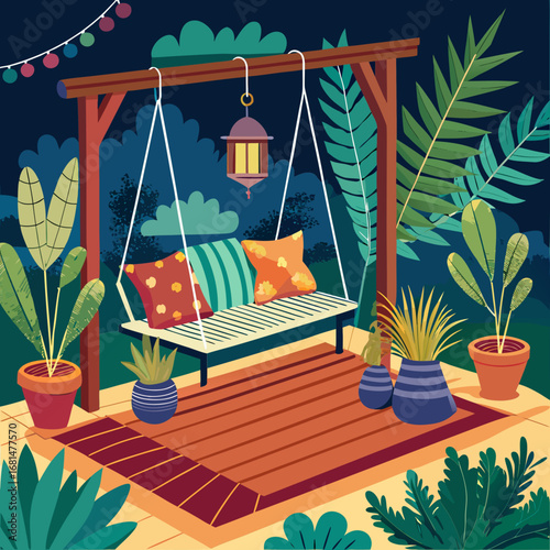 Cozy outdoor porch swing nestled amongst lush plants and evening lights illustration