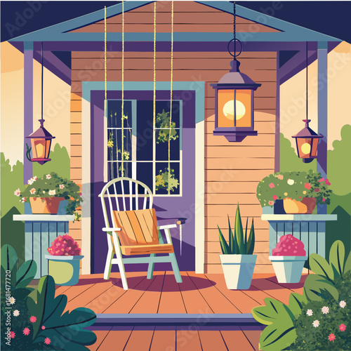 Charming front porch with swing chair and flowerpots vector illustration scalable for design projects