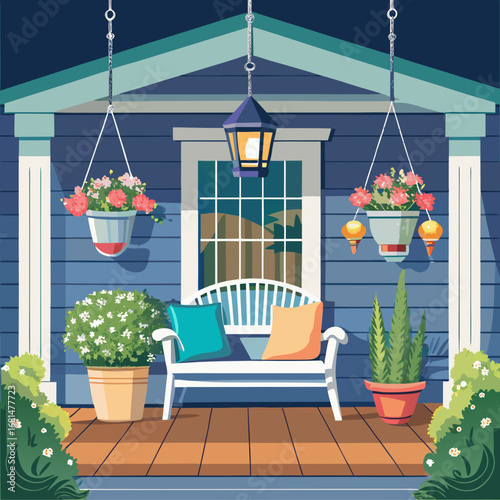 Charming vector illustration of a cozy front porch with a swing chair and flowers