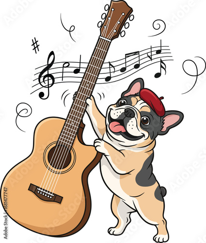 Funny Bulldog Playing Guitar with Music Notes Cartoon Clipart Vector